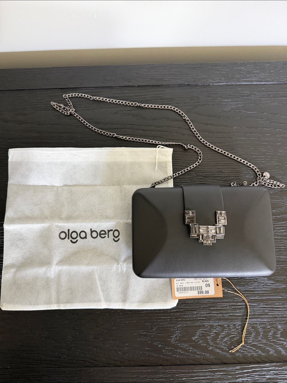 Olga Berg Black Structured Box Clutch with Silver Geometric Jewel